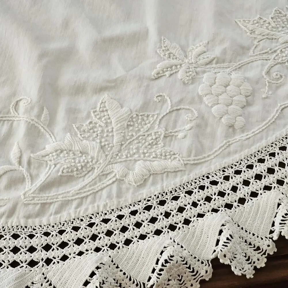 Vtg Handmade Embroidered Lace Table Topper Grapes Crochet Edge 38” Farmhouse